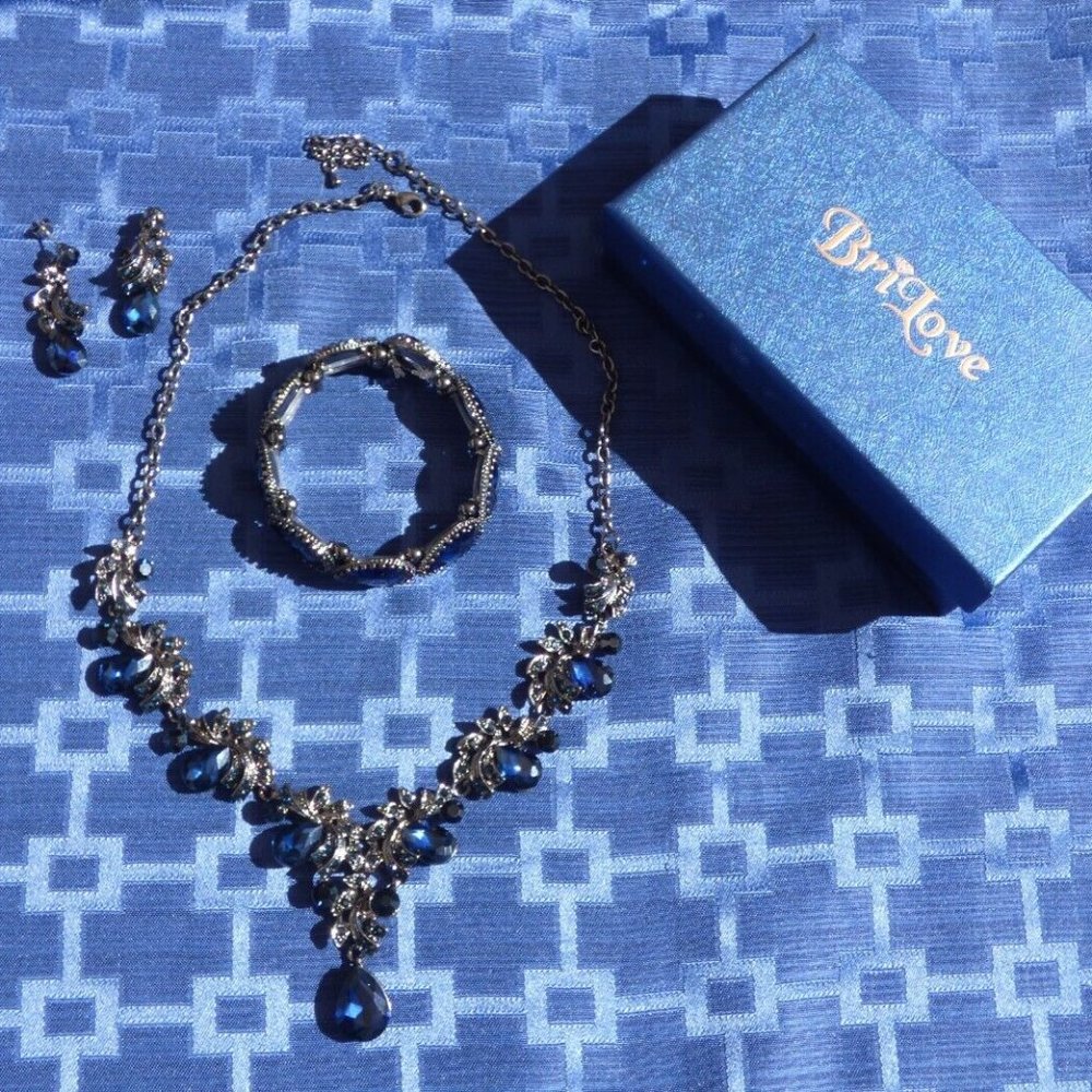BRILOVE GOTH VICTORIAN BLUE NECKLACE EARRING BRACELET SET WEDDING FORMAL PROM